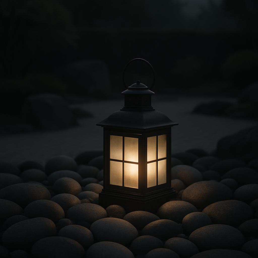 The photograph features a black lantern with 9 nearby round rocks illuminated within the lantern.
